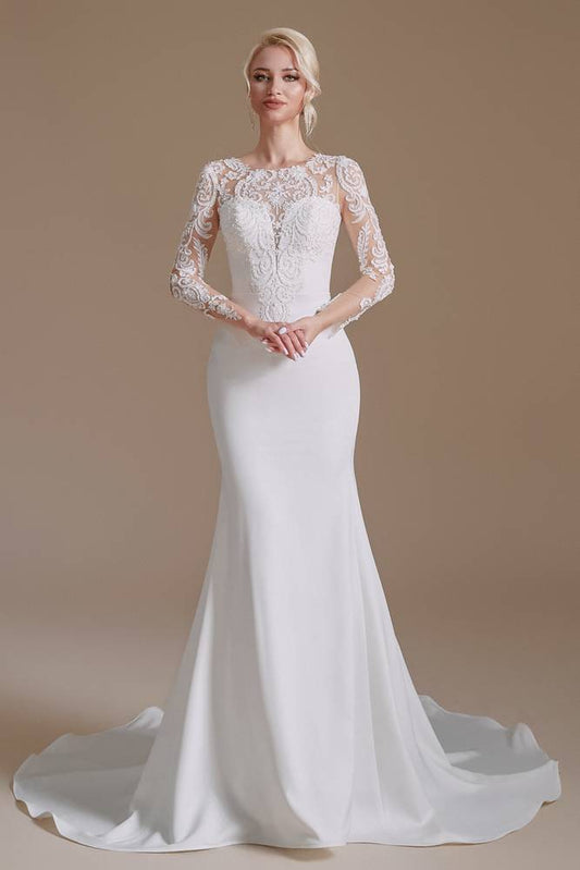 White V Neck Mermaid Lace Wedding Dress with Long Sleeves