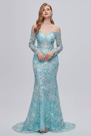 Glamorous Sweetheart Mermaid Lace Long Prom Dresses Off-The-Shoulder Long Sleeves