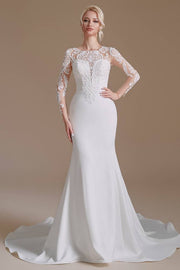 White Jewel Neck Mermaid Long Sleeves Lace Wedding Dresses