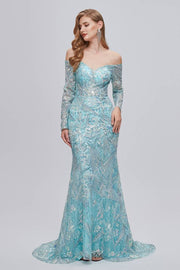 Glamorous Sweetheart Mermaid Lace Long Prom Dresses Off-The-Shoulder Long Sleeves