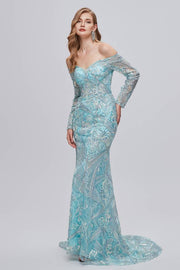 Glamorous Sweetheart Mermaid Lace Long Prom Dresses Off-The-Shoulder Long Sleeves