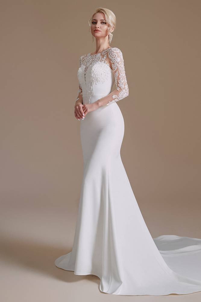 White Jewel Neck Mermaid Long Sleeves Lace Wedding Dresses