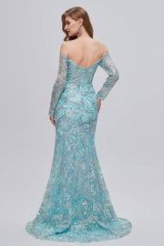 Glamorous Sweetheart Mermaid Lace Long Prom Dresses Off-The-Shoulder Long Sleeves