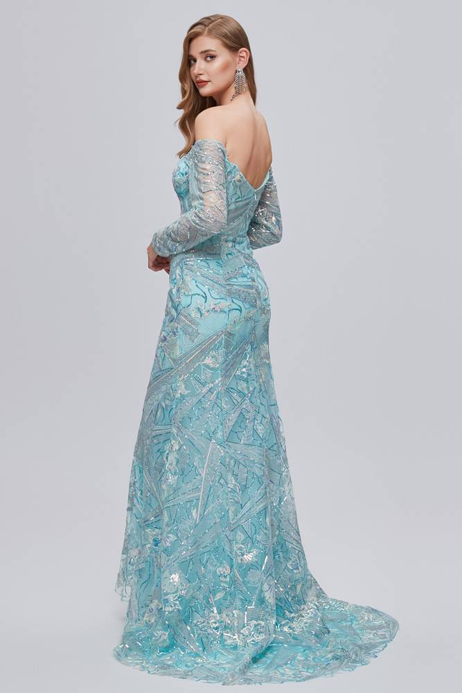 Glamorous Sweetheart Mermaid Lace Long Prom Dresses Off-The-Shoulder Long Sleeves