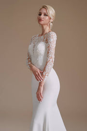 White Jewel Neck Mermaid Long Sleeves Lace Wedding Dresses