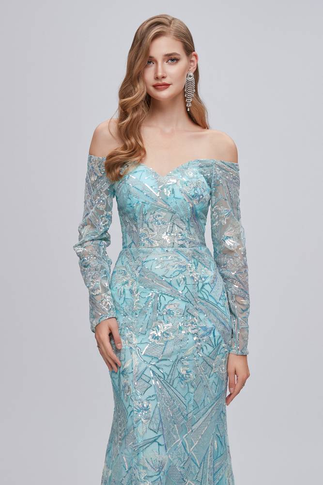 Glamorous Sweetheart Mermaid Lace Long Prom Dresses Off-The-Shoulder Long Sleeves