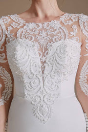 White Jewel Neck Mermaid Long Sleeves Lace Wedding Dresses