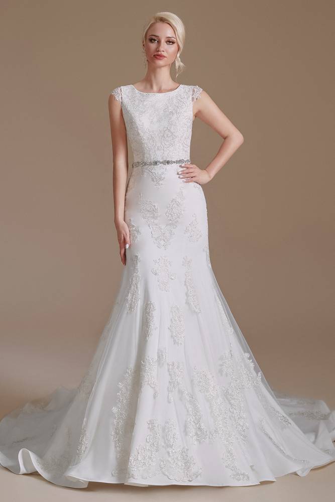 White Jewel Neck Sleeveless Mermaid Long Lace Wedding Dresses with Sash