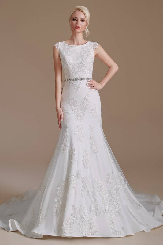 White Beaded Jewel Mermaid Long Wedding Dress