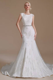 White Jewel Neck Sleeveless Mermaid Long Lace Wedding Dresses with Sash