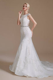 White Jewel Neck Sleeveless Mermaid Long Lace Wedding Dresses with Sash