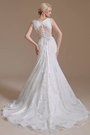 White Jewel Neck Sleeveless Mermaid Long Lace Wedding Dresses with Sash