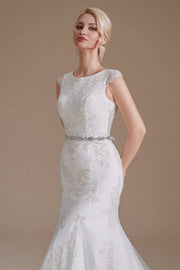 White Jewel Neck Sleeveless Mermaid Long Lace Wedding Dresses with Sash