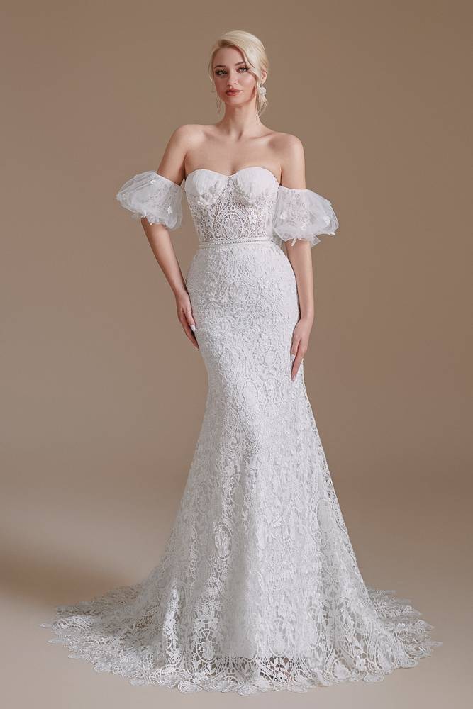 White Sweetheart Strapless Mermaid Lace Wedding Dresses with Detachable Sleeves