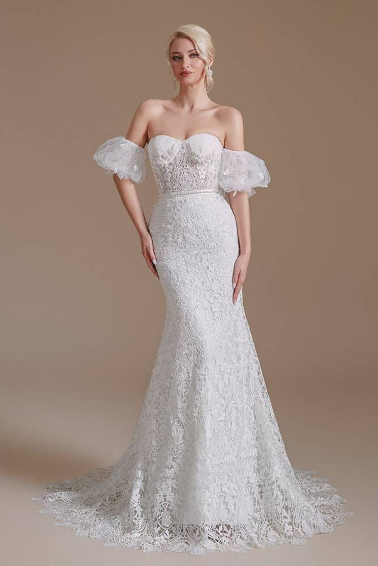 White Sweetheart Mermaid Lace Wedding Dress with Detachable Sleeves