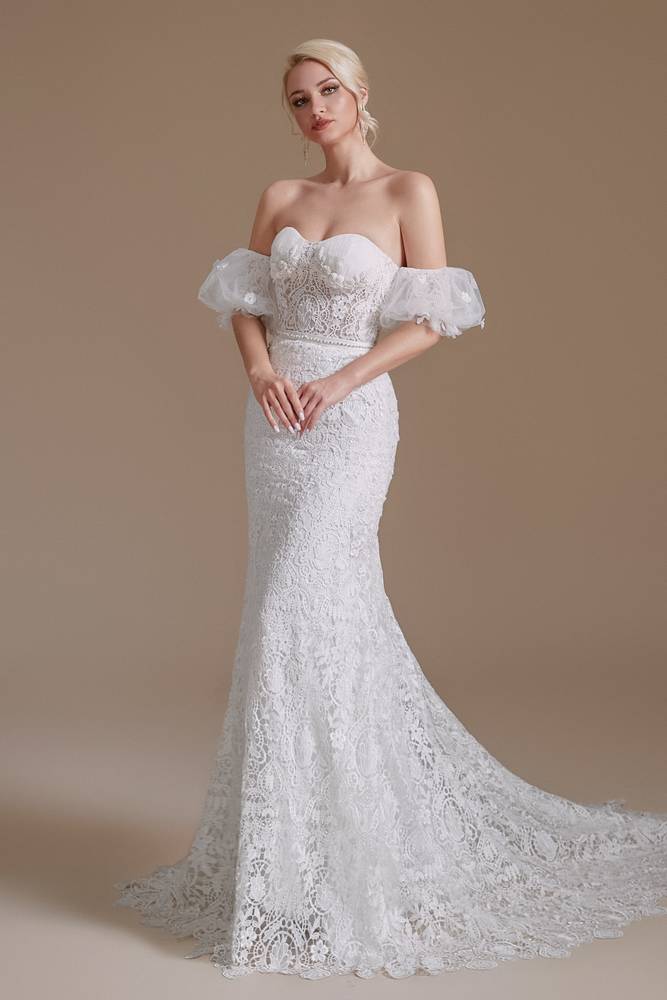 White Sweetheart Strapless Mermaid Lace Wedding Dresses with Detachable Sleeves