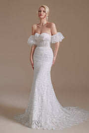 White Sweetheart Strapless Mermaid Lace Wedding Dresses with Detachable Sleeves