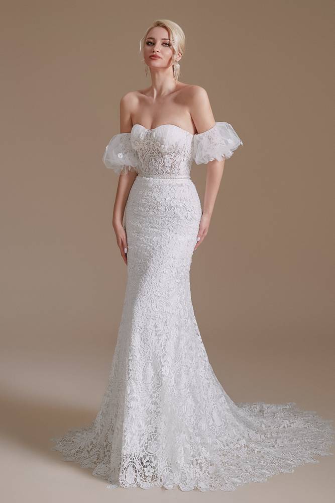 White Sweetheart Strapless Mermaid Lace Wedding Dresses with Detachable Sleeves