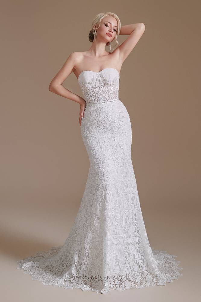 White Sweetheart Strapless Mermaid Lace Wedding Dresses with Detachable Sleeves