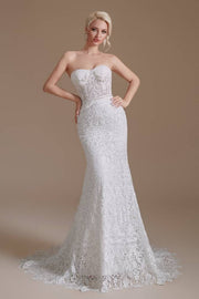 White Sweetheart Strapless Mermaid Lace Wedding Dresses with Detachable Sleeves