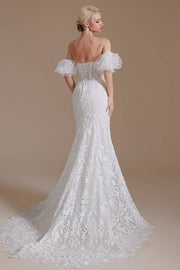 White Sweetheart Strapless Mermaid Lace Wedding Dresses with Detachable Sleeves