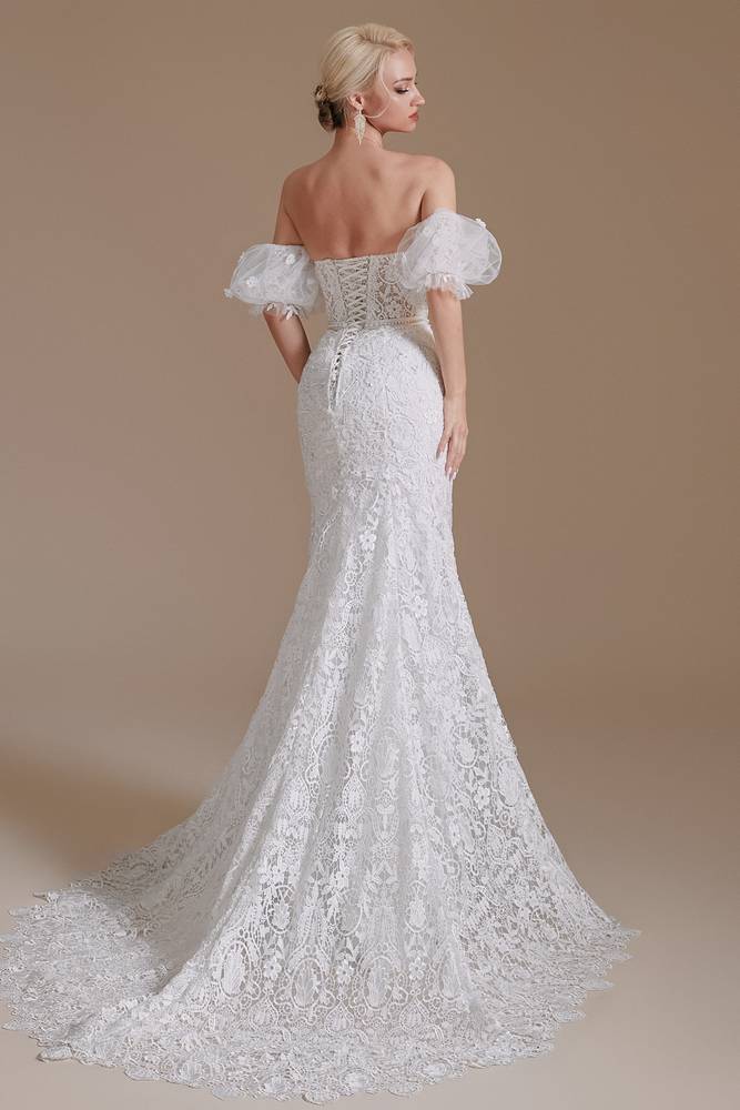 White Sweetheart Strapless Mermaid Lace Wedding Dresses with Detachable Sleeves