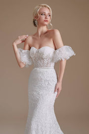 White Sweetheart Strapless Mermaid Lace Wedding Dresses with Detachable Sleeves