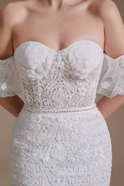 White Sweetheart Strapless Mermaid Lace Wedding Dresses with Detachable Sleeves