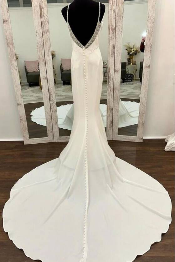 White Spaghetti Straps Sleeveless Backless Mermaid Satin Long Wedding Dresses with Beads