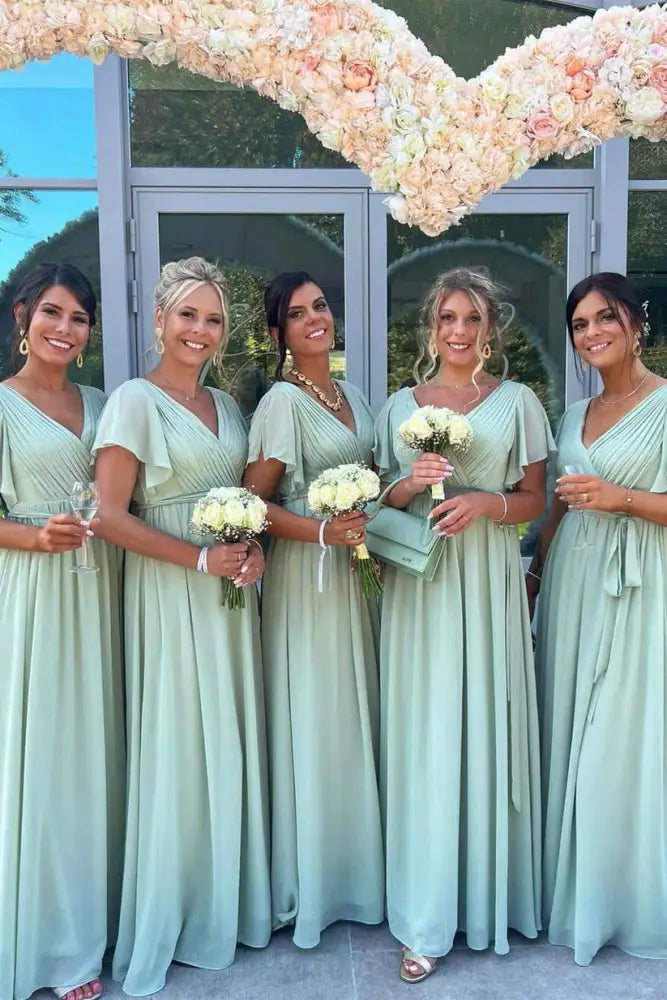 A-Line Floor-Length Short Sleeves Chiffon Bridesmaid Dresses