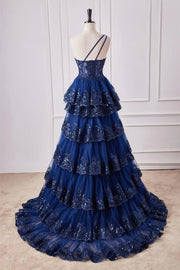 Navy Blue One-Shoulder Prom Dresses Sleeveless Tulle Sequined A-Line with Appliques