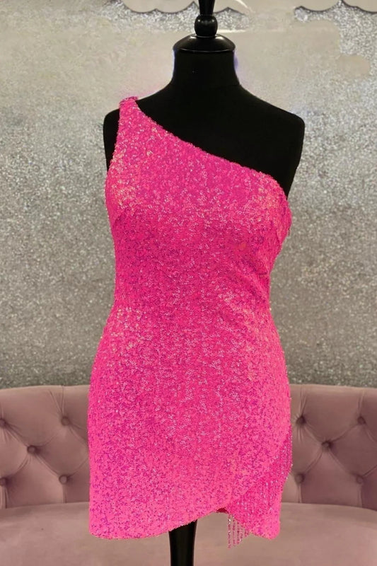 Hot Pink One Shoulder Bodycon Short Homecoming Dress with Sequins Front Side