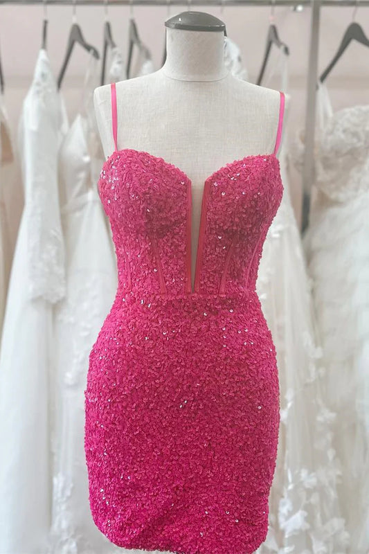 Hot Pink Spaghetti Strap Bodycon Short Homecoming Dress with Sequins Front Side