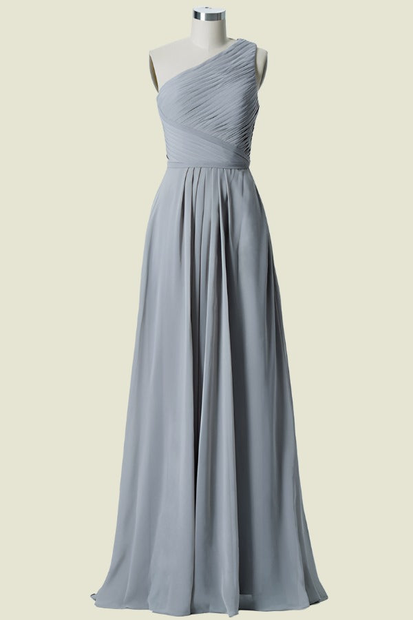 Light Grey One-Shoulder A-Line Chiffon Long Bridesmaid Dresses with Ruffles