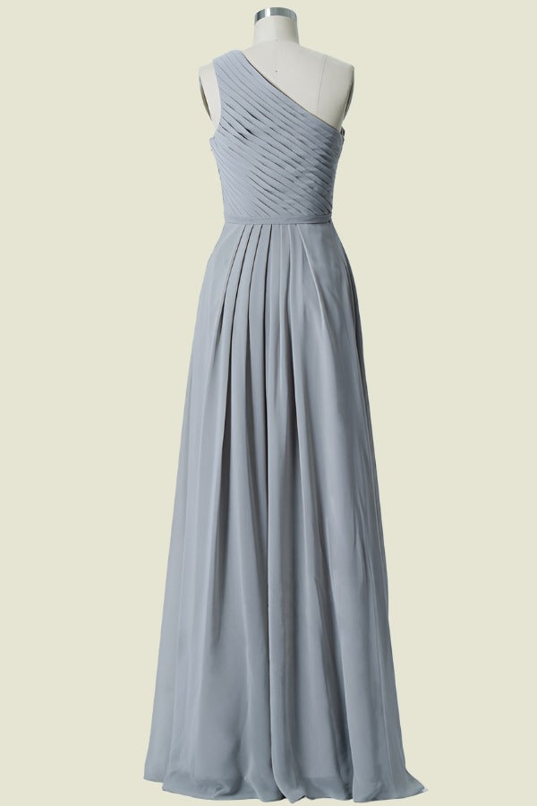 Light Grey One-Shoulder A-Line Chiffon Long Bridesmaid Dresses with Ruffles