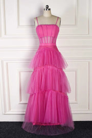 Fuchsia Spaghetti Straps A-Line Tiered Tulle Long Party Dresses