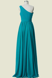 Jade One-Shoulder A-Line Chiffon Long Bridesmaid Dresses with Slit