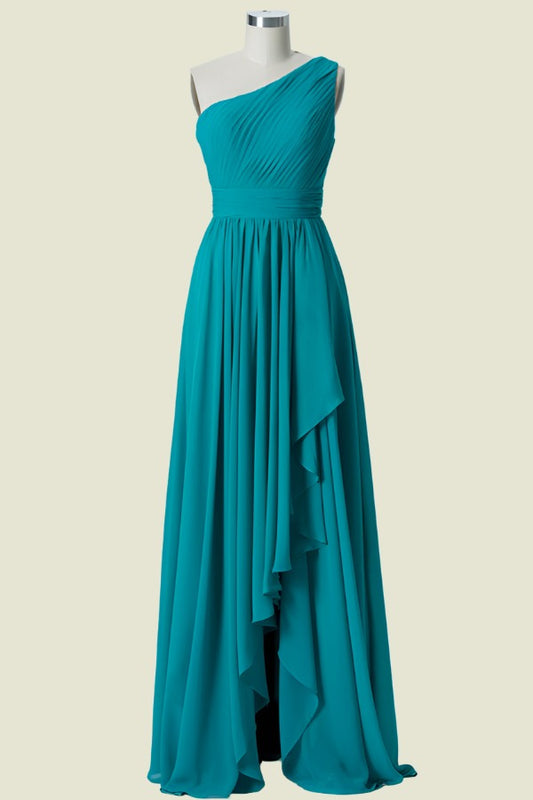 Inky Blue One Shoulder A Line Chiffon Long Bridesmaid Dress with Slit Front Side