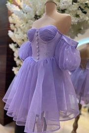 Lavender Off-The-Shoulder A-Line Sequined Tulle Short Homecoming Dresses with Buttons