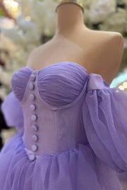 Lavender Off-The-Shoulder A-Line Sequined Tulle Short Homecoming Dresses with Buttons