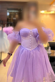 Lavender Off-The-Shoulder A-Line Sequined Tulle Short Homecoming Dresses with Buttons