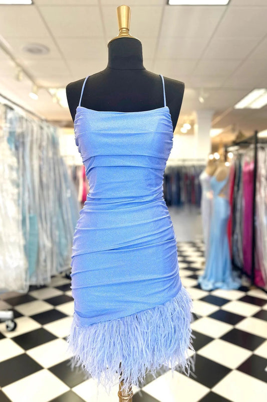 Light Blue Spaghetti Strap Bodycon Short Homecoming Dress with Feather Hem Front Side