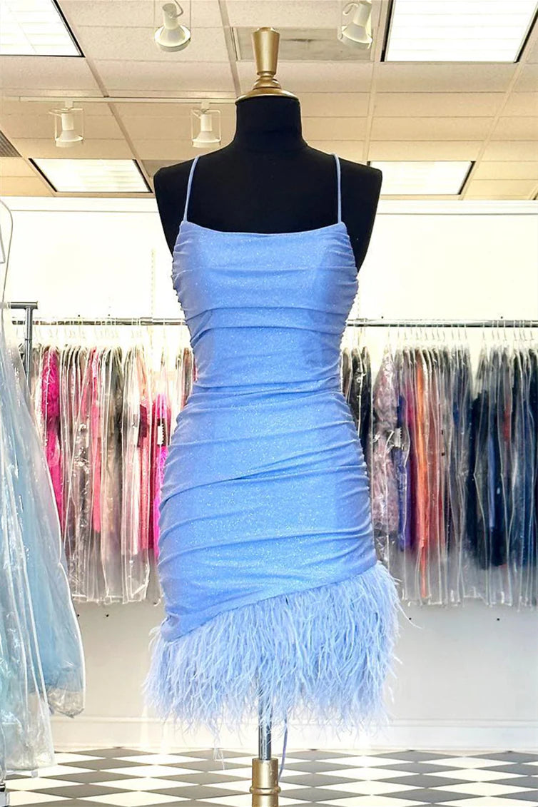 Blue Spaghetti Straps Sleeveless Sheath Sequined Short Homecoming Dresses with Fur