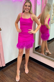 Fuchsia Spaghetti Straps Sleeveless Sheath Sequined Short Homecoming Dresses with Fur