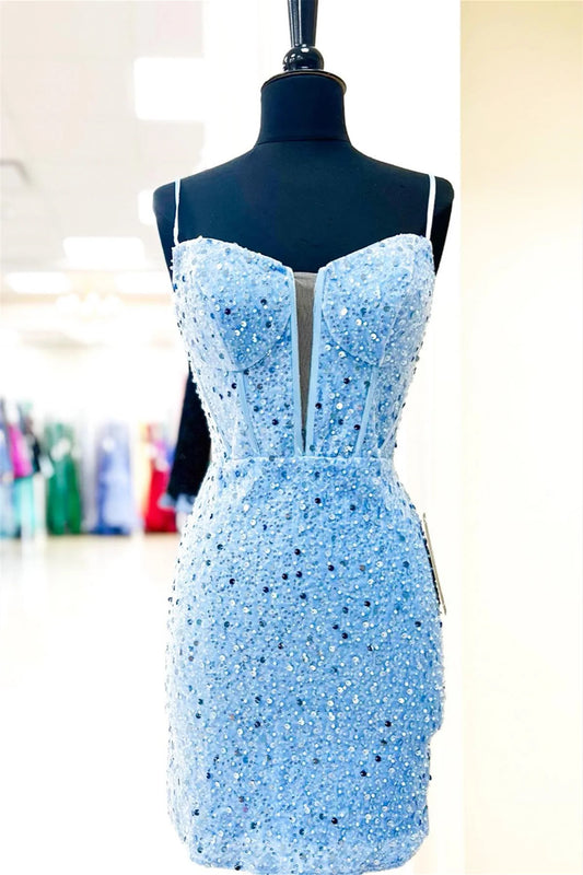 Light Blue Plunging Neck Bodycon Short Homecoming Dress with Sparkly Sequins Front SIde