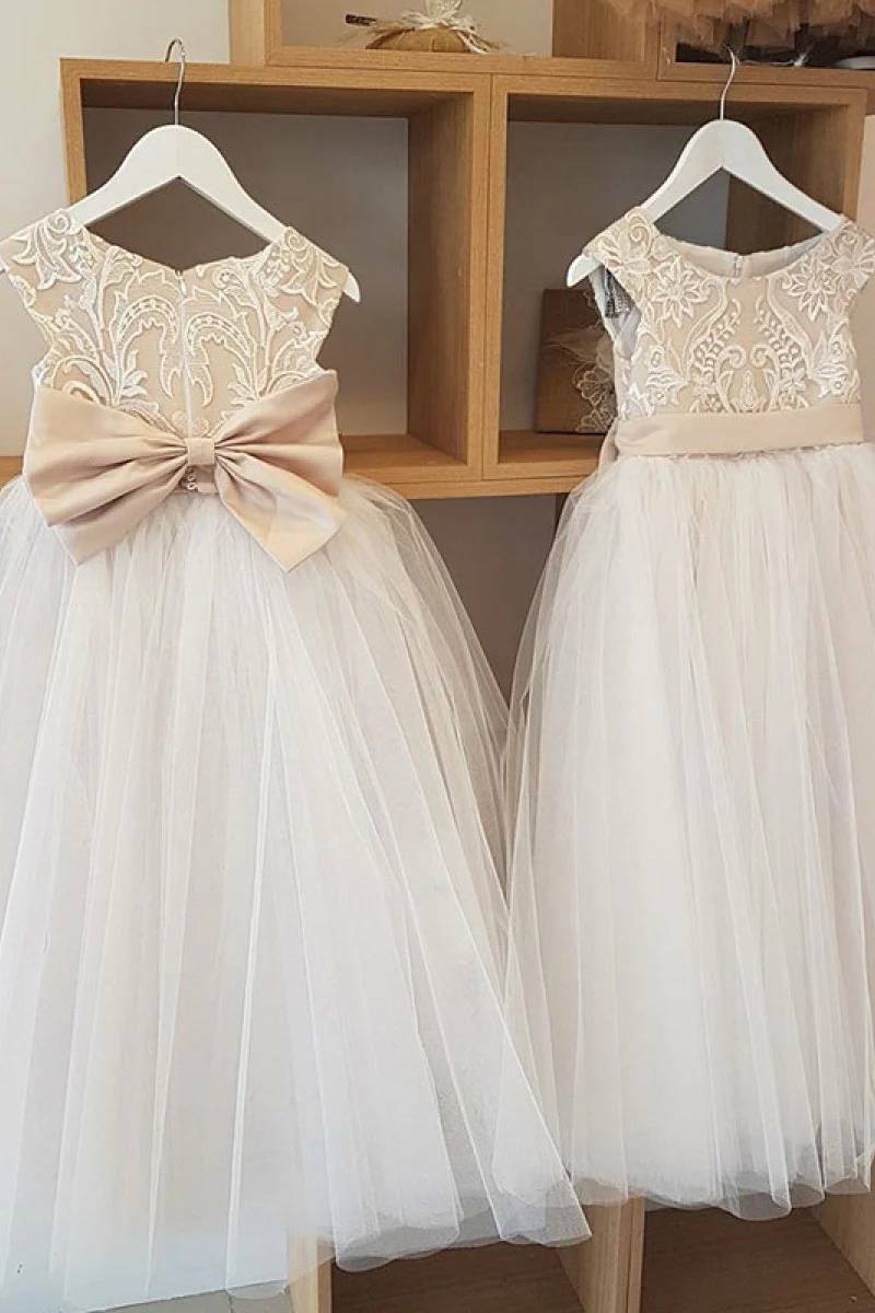 A-Line Tulle Jewel Neck Flower Girl Dresses with Bow