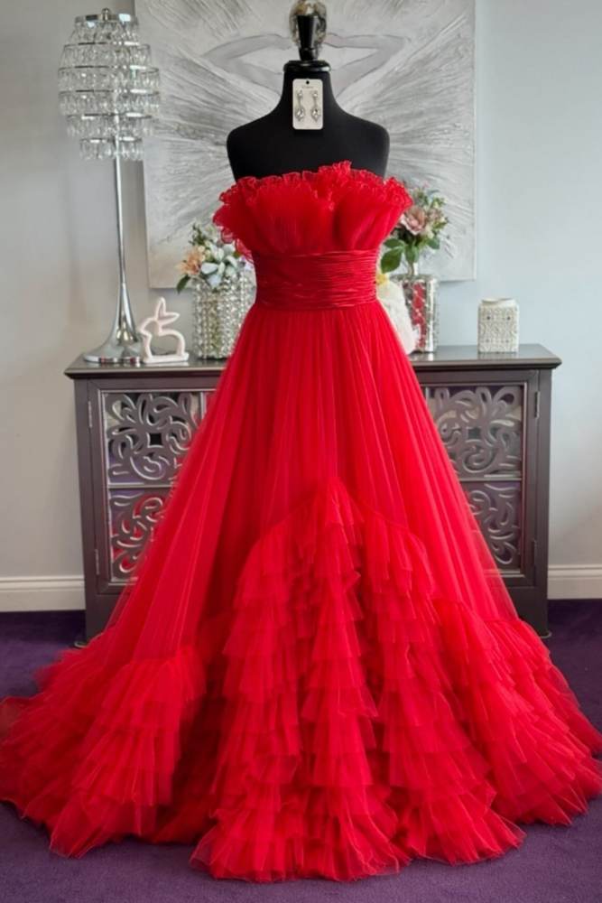 Red Strapless A Line Tiered Ruffles Tulle Long Prom Dresses with Train