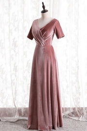 Pink Deluxe V-Neck Short Sleeves Floor-Length Velvet Bridesmaid Dresses