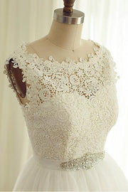 White Jewel Neck Sleeveless A-Line Lace Tulle Wedding Dresses