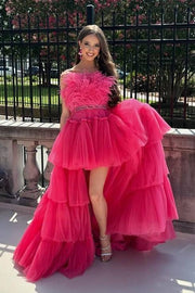 Hi-Lo A-Line Strapless Tulle Prom Dresses with Fur